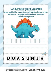 Cut and Paste Word Scramble Activity for Kids with Dinosaur Illustration .Fun Educational Puzzle for Early Learners.
