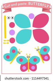 Cut and paste.Three butterflies from one set of elements. Format A4. Cut and glue. Education for preschoolers.