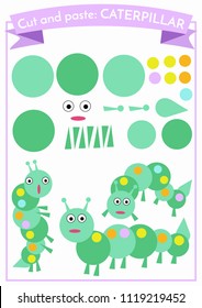 Cut and paste.Three caterpillars from one set of elements. Education for preschoolers.