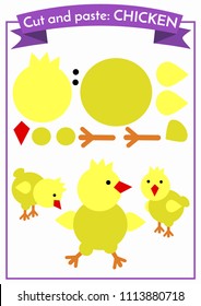 Cut and paste.Three chickens from one set of elements. Format A4. Cut and glue. Education for preschoolers.