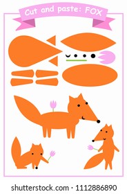 Cut and paste.Three foxes from one set of elements. Format А4. Cut and glue. Education for preschoolers.