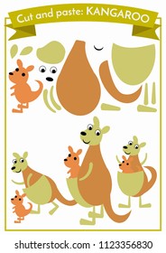 Cut and paste.Three kangaroos from one set of elements. Format A4. Cut and glue. Education for preschoolers.