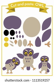 Cut and paste.Three owls from one set of elements. Format А4. Cut and glue. Education for preschoolers.