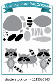 Cut and paste.Three raccoons from one set of elements. Format А4. Cut and glue. Education for preschoolers.