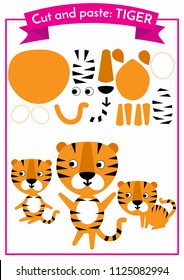 Cut and paste.Three tigers from one set of elements. Cut and glue. Format A4. Education for preschoolers.
