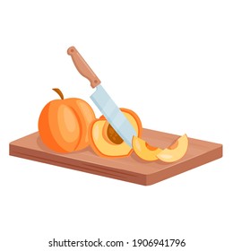 Cut peach fruits isometric vector illustration. Cartoon 3d ripe juicy peach chopped slices lie on cutting board plank, knife chops half and sliced summer fruits, sweet healthy food isolated on white