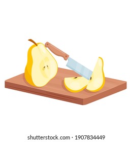 Cut pear fruit slices isometric vector illustration. Cartoon 3d half and sliced pear fruit and kitchen knife in cooking food process, chopping healthy meal on wooden board plank isolated on white