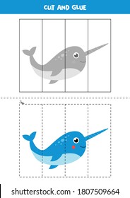 Cut picture of cute kawaii narwhal and paste it by parts. Educational logical game for kids. Puzzle for preschoolers.