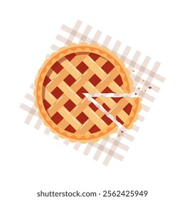 Cut pie top view on checkered napkin. Cooked delicious round cake, dessert, food illustration