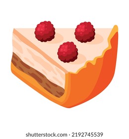 Cut Piece of Baked Pie with Raspberry on Top, Sweet Creamy Filling and Shortcrust Pastry Vector Illustration