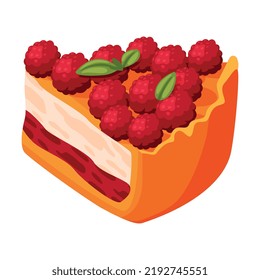 Cut Piece of Baked Pie with Raspberry on Top, Sweet Creamy Filling and Shortcrust Pastry Vector Illustration