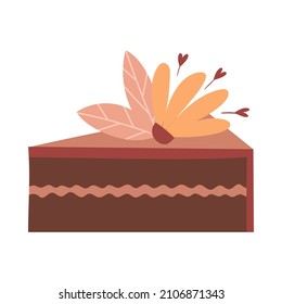 A cut piece of cake with layers, cream and a flower. Sweet food, pastries. A decorative element for Valentine's Day. Color vector illustration isolated on a white background
