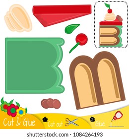 A cut piece of a festive sweet cake with a cherry. Education paper game for preshool children. Vector illustration.