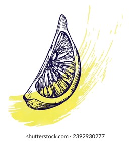 A cut piece of lemon with yellow splashes. Graphic botanical illustration hand drawn in blue ink. Isolated object EPS vector.