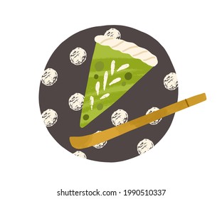 Cut piece of matcha green tea cake, served on plate. Japanese healthy dessert. Vegan Asian sweet food. Colored flat vector illustration of Japan cheesecake isolated on white background