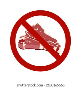 A cut piece of raw animal meat in a flat illustration style on a white background under a red prohibiting sign. For the design of the menu of restaurants. International without meat day