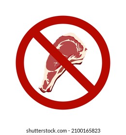 A cut piece of raw animal meat in a flat illustration style on a white background under a red prohibiting sign. For the design of the menu of restaurants. International without meat day