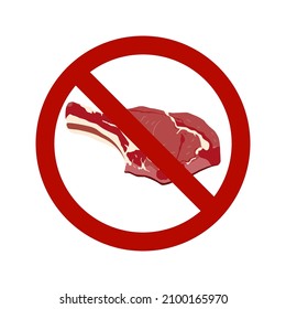 A cut piece of raw animal meat in a flat illustration style on a white background under a red prohibiting sign. For the design of the menu of restaurants. International without meat day