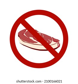 A cut piece of raw animal meat in a flat illustration style on a white background under a red prohibiting sign. For the design of the menu of restaurants. International without meat day