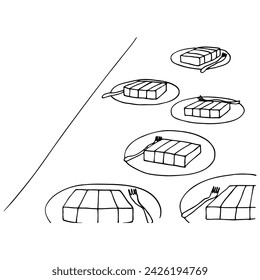 cut pieces of cake on plates with forks on the table in doodle style. hand-drawn drawing of a wedding torus prepared for guests