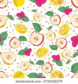 Pedaços de corte de frutas padrão sem costura. Metades de limão ou maçã. Pera suculenta. Framboesa fresca com folhas. Sabor de comida. Impressão repetida. Alimentos saudáveis com vitaminas. Fatia de citrinos. Doce baga. Plano de fundo do vetor