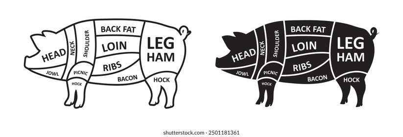 cut of pig animal diagram outline black buthcer block isolated background