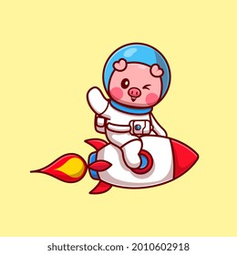 Cut Pig Astronaut Riding Rocket And Waving Hand Cartoon Vector Icon Illustration. Animal Technology Icon Concept Isolated Premium Vector. Flat Cartoon Style