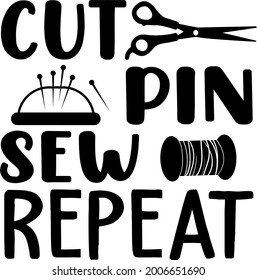 Cut pin sew repeat lettering. Scissors and sewing thread illustration vector