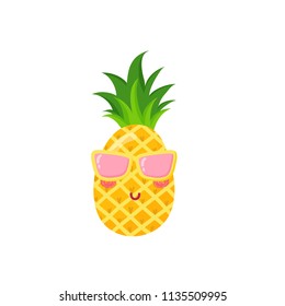 Cut pineapple with glasses in cartoon style. vector illustration