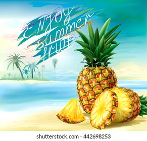 Cut pineapple and round slices on a tropical background. Vector illustration