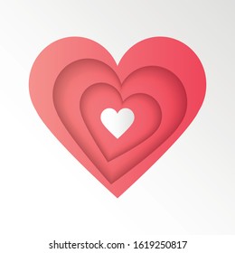 Cut pink gradient paper into heart shapes of various sizes overlapping each other creating shadow and dimension. Symbols of love. vector illustration.