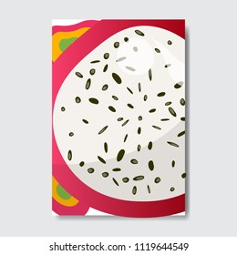 Pitahiya-Schablenkarte, frisches Obstplakat auf weißem Hintergrund, Magazindeckenkopie, vertikale Layoutbroschüre, flaches Design, gesunder Lebensstil oder Diätkonzept, Vektorgrafik