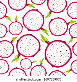 Cut pitaya vector seamless pattern on a white background. Fruit bright pattern in the style of hand drawing. Pitaya background. Vector tropical fruit background.  Flat vector stock illustration.