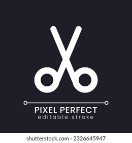 Cut pixel perfect white linear ui icon for dark theme. Scissors sign. Film editing. Divide footage file. Vector line pictogram. Isolated user interface symbol for night mode. Editable stroke