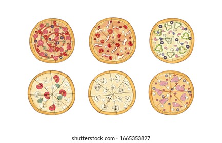 Cut Up Pizza with Different Ingredients Top View Vector Set
