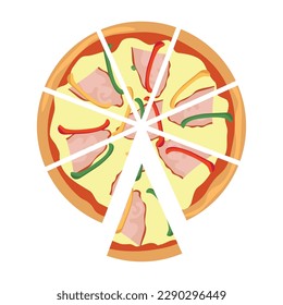 Cut pizza on white background, top view