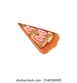 Cut pizza piece. Italian food, triangle slice with meta, sausage, olives, mozzarella cheese, tomato sauce, onions. Tasty snack from Italy. Flat vector illustration isolated on white background