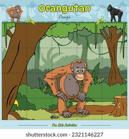 Cut and play animal puzzle. Ready to print, ready to use, easy to edit, vector. Orangutan cartoon. Educational game for children. fun activities for kids to play and learn.