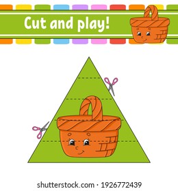 Cut and play. Educational activity worksheet for kids and toddlers. Game for children. Happy characters. Simple flat color isolated vector illustration in cute cartoon style.