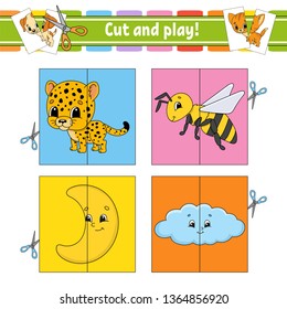 Cut and play. Flash cards. Color puzzle. Education developing worksheet. Activity page. Game for children. Funny character. Isolated vector illustration. Cartoon style