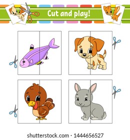 Cut and play. Flash cards. Color puzzle. Education developing worksheet. Activity page. Game for children. Funny character. Isolated vector illustration. Cartoon style.