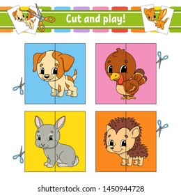 Cut and play. Flash cards. Color puzzle. Education developing worksheet. Activity page. Game for children. Funny character. Isolated vector illustration. Cartoon style.