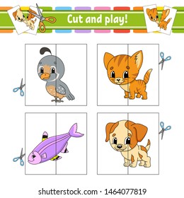 Cut and play. Flash cards. Color puzzle. Education developing worksheet. Activity page. Game for children. Funny character. Isolated vector illustration. Cartoon style.