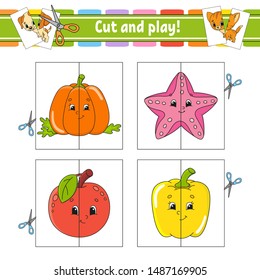 Cut and play. Flash cards. Color puzzle. Education developing worksheet. Activity page. Game for children. Funny character. Isolated vector illustration. Cartoon style.