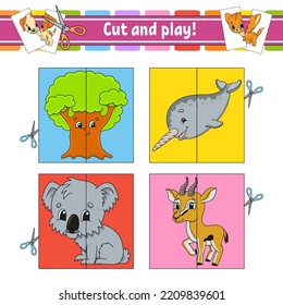 Corta y juega. Tarjetas flash. Rompecabezas de color. Educación desarrollando hoja de trabajo. Actividad. Juego para niños. estilo de dibujos animados. Carácter gracioso. Ilustración vectorial.