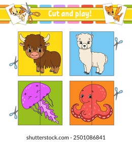 Cut and play. Flash cards. Color puzzle. Education developing worksheet. Activity page. Game for children. cartoon . Funny character. Vector illustration.