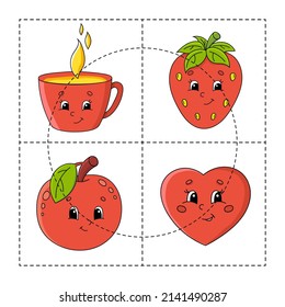 Corta y juega a la fruta y a la verdura. Juego de papel con pegamento. Tarjetas flash. Hoja de trabajo de educación. Actividad. Carácter gracioso. Ilustración vectorial aislada. estilo de dibujos animados.