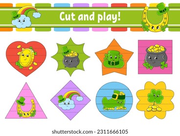 Cut and play. Logic puzzle for kids. Education developing worksheet. Learning game. Activity page. Cutting practice for preschool. Vector illustration.