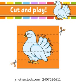 Cut and play. Logic puzzle for kids. Education developing worksheet. Learning game. Activity page. Cutting practice for preschool. Vector illustration.