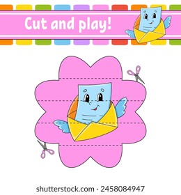 Cut and play. Logic puzzle for kids. Education developing worksheet. Learning game. Activity page. Cutting practice for preschool. Vector illustration.